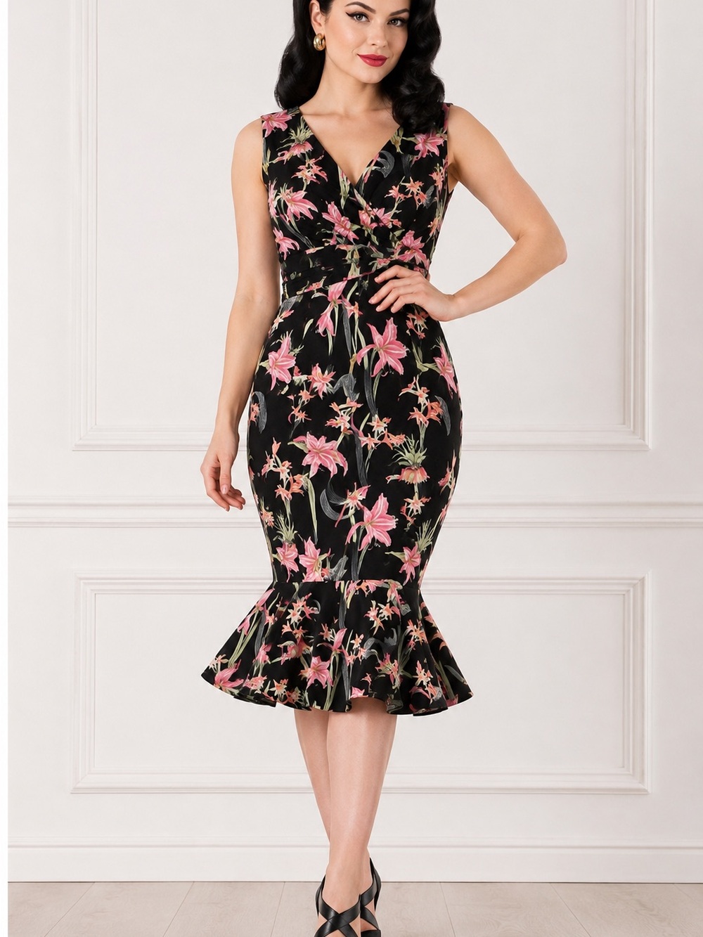 Unique Vintage Black Pink Floral Wiggle Dress XS Retro Pinup Flounce Mermaid Hem